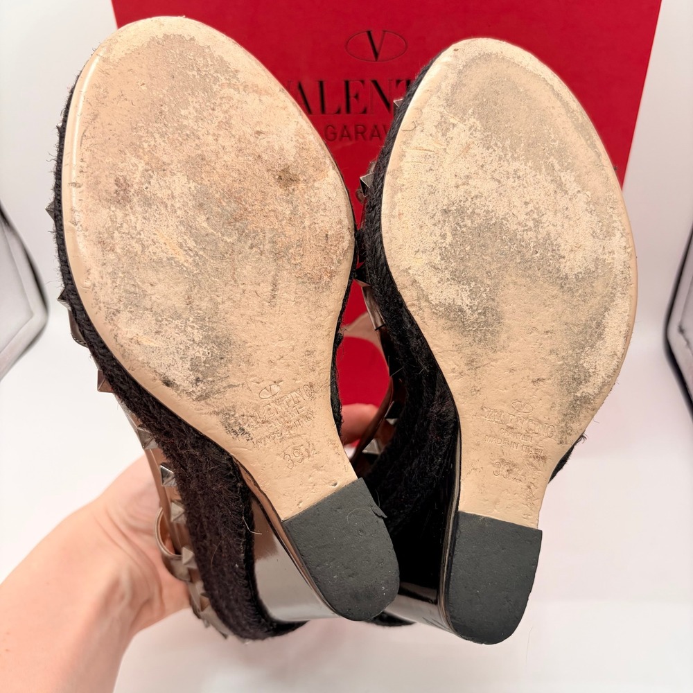 Valentino Rockstud Wedge Sandals 39.5 Gunmetal Metallic Espadrille Heels Box Bag - Picture 6 of 10